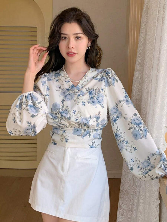 DAZY Women Chiffon Floral Printed Long Sleeve V-Neck Shirt