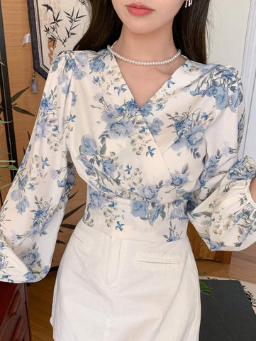 DAZY Women Chiffon Floral Printed Long Sleeve V-Neck Shirt