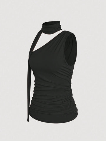Women Solid Color One Shoulder Sleeveless Summer Tank Top