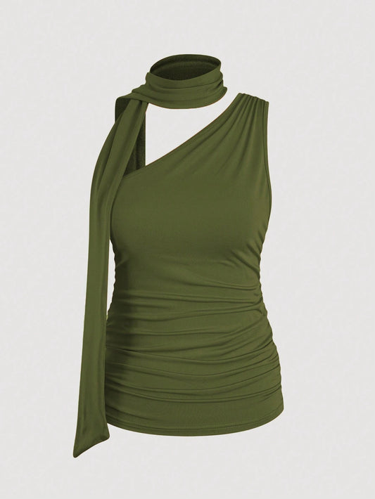 Women Solid Color One Shoulder Sleeveless Summer Tank Top
