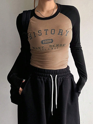 DAZY Color Block Raglan Sleeve Letter Print Round Neck Slim Fit Long Sleeve Women's T-Shirt