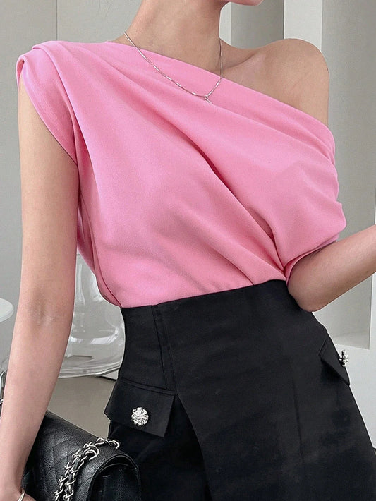 DAZY Ladies Fashion Solid Color Asymmetrical Neck T-Shirt