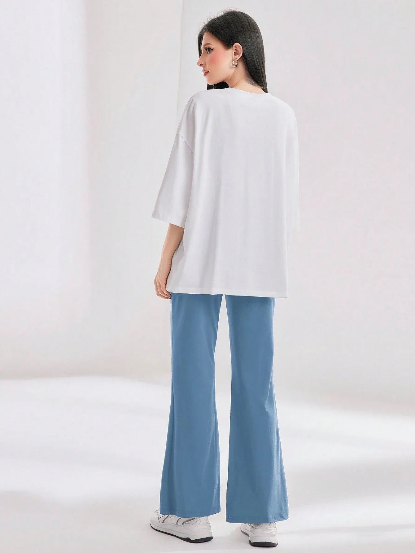 Mulvari Women Spring/Summer Casual Loose Fit Drop Shoulder Short Sleeve Top And Flared Pants Set