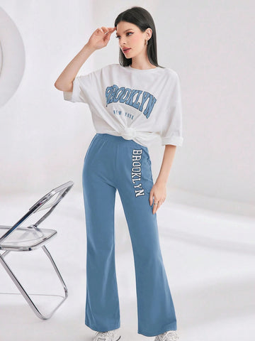 Mulvari Women Spring/Summer Casual Loose Fit Drop Shoulder Short Sleeve Top And Flared Pants Set