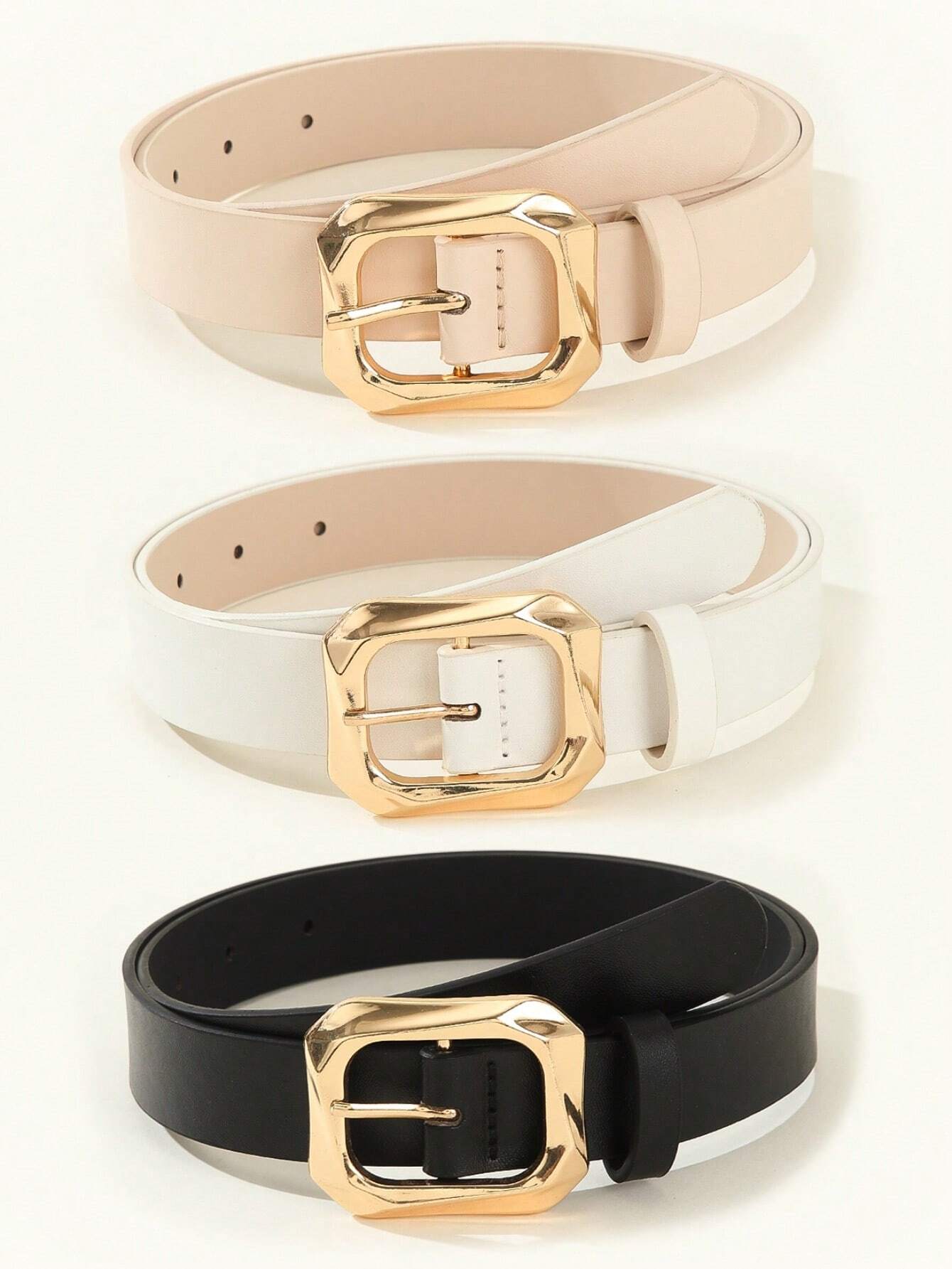 3pcs Gold Tone Square Buckle Everyday Dressy Waist Belt For Women's Clothes