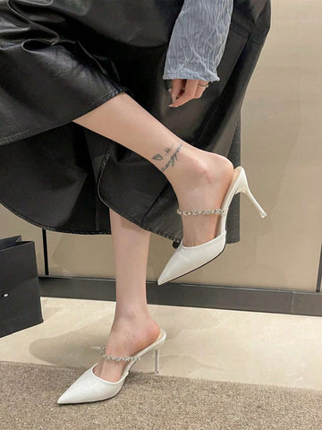 Women Rhinestone Decor Point Toe Stiletto Heeled Mule Pumps