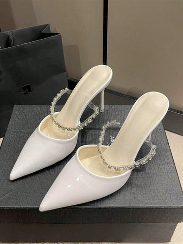 Women Rhinestone Decor Point Toe Stiletto Heeled Mule Pumps