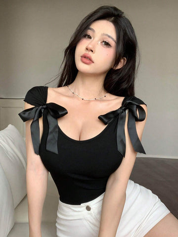 DAZY Backless Bow Tie Ribbon Slim Fit Short Sleeve Women's T-Shirt