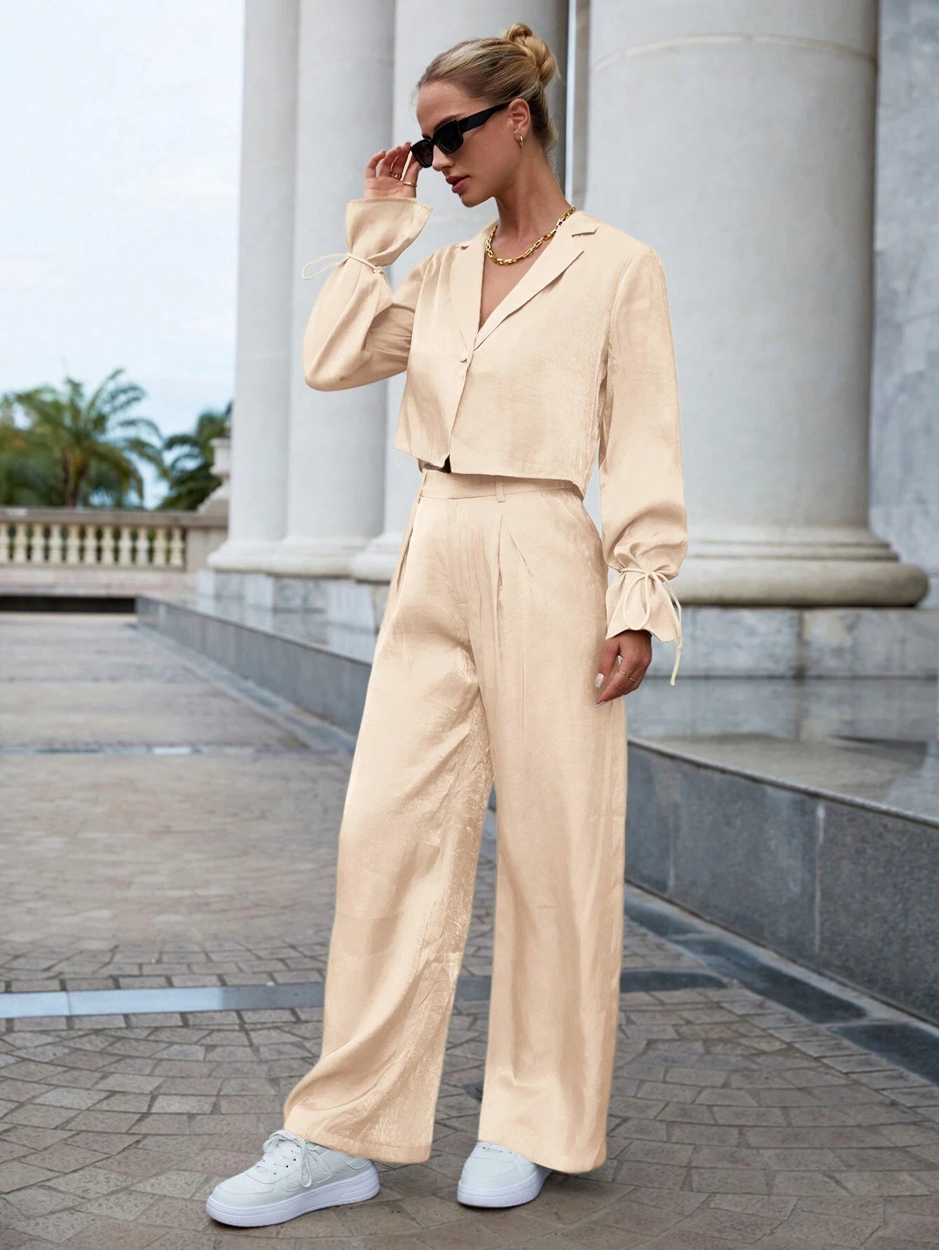 Essnce Lapel Neck Flounce Sleeve Blouse & Wide Leg Pants