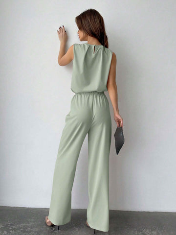 Privé Solid Color Round Neck Pleated Top And Wide Leg Pants