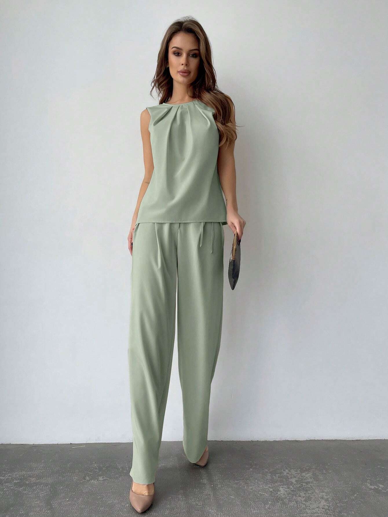 Privé Solid Color Round Neck Pleated Top And Wide Leg Pants