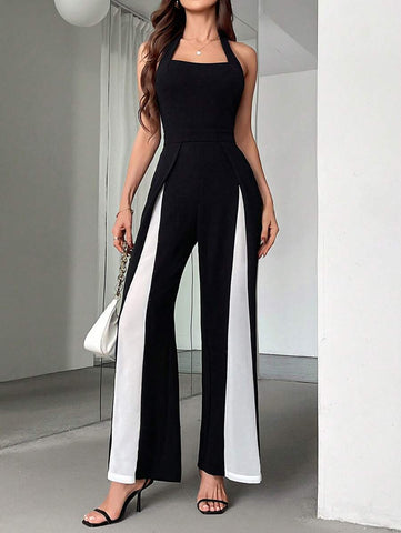 Color Block Patchwork Loose Commuting Simple Wide-Leg Jumpsuit