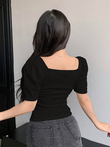 DAZY Square Neck Puff Sleeve Cropped Slim Fit Short Sleeve T-Shirt