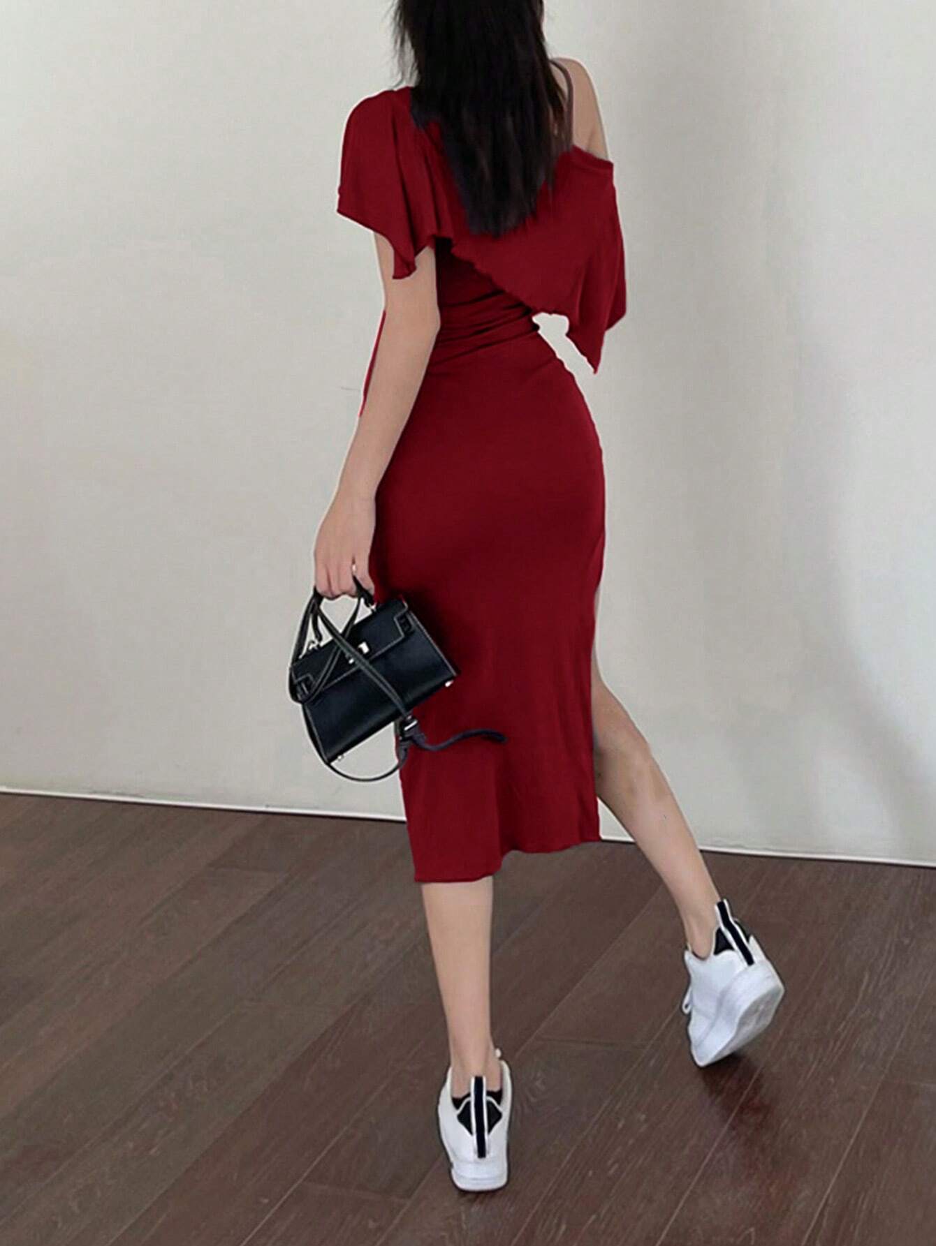 EZwear Women's Solid Color High Side Slit Cami Dress With Cardigan 2pcs Outfit