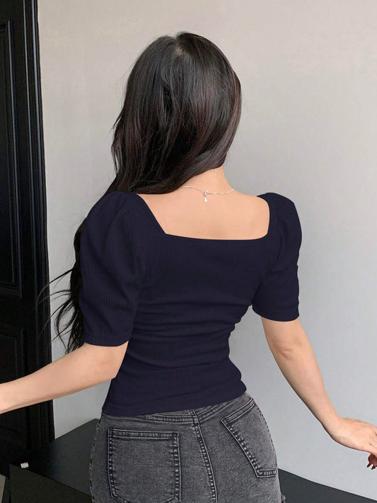 Dazy Designer Square Neck Bubble Sleeve Short Fitted Women T-Shirt