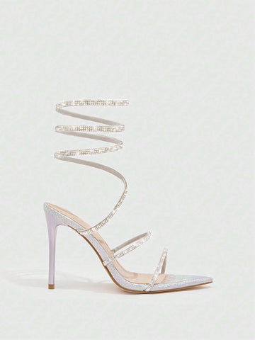 CUCCOO SZL Woman Shoes Rhinestone Decor Stiletto Heeled Strappy Glamorous Banquet Heeled Sandals