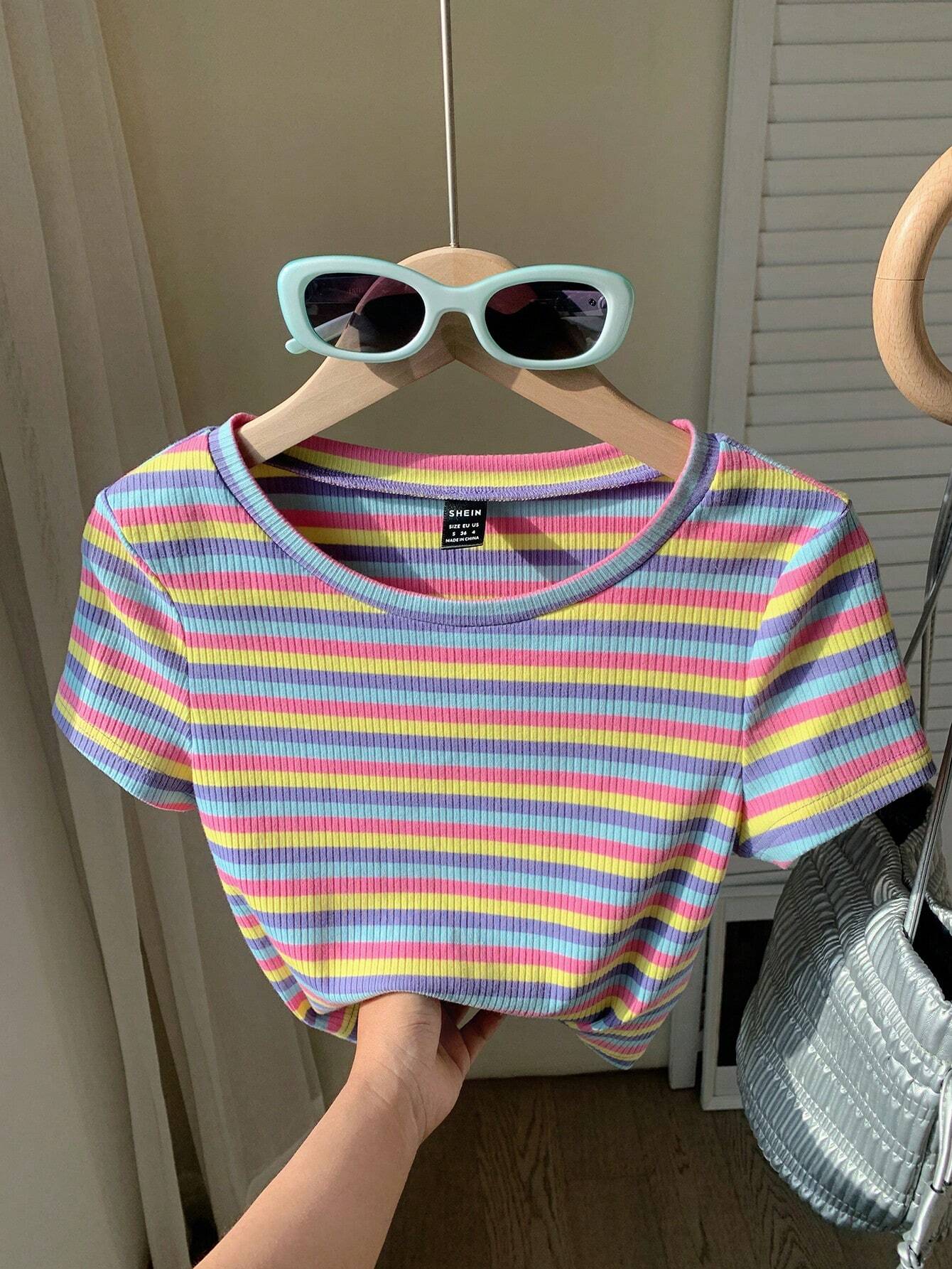 EZwear Colorful Striped Knitted Slim Fit Women's T-Shirt