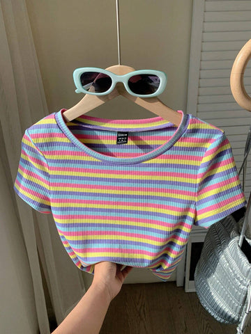 EZwear Colorful Striped Knitted Slim Fit Women's T-Shirt