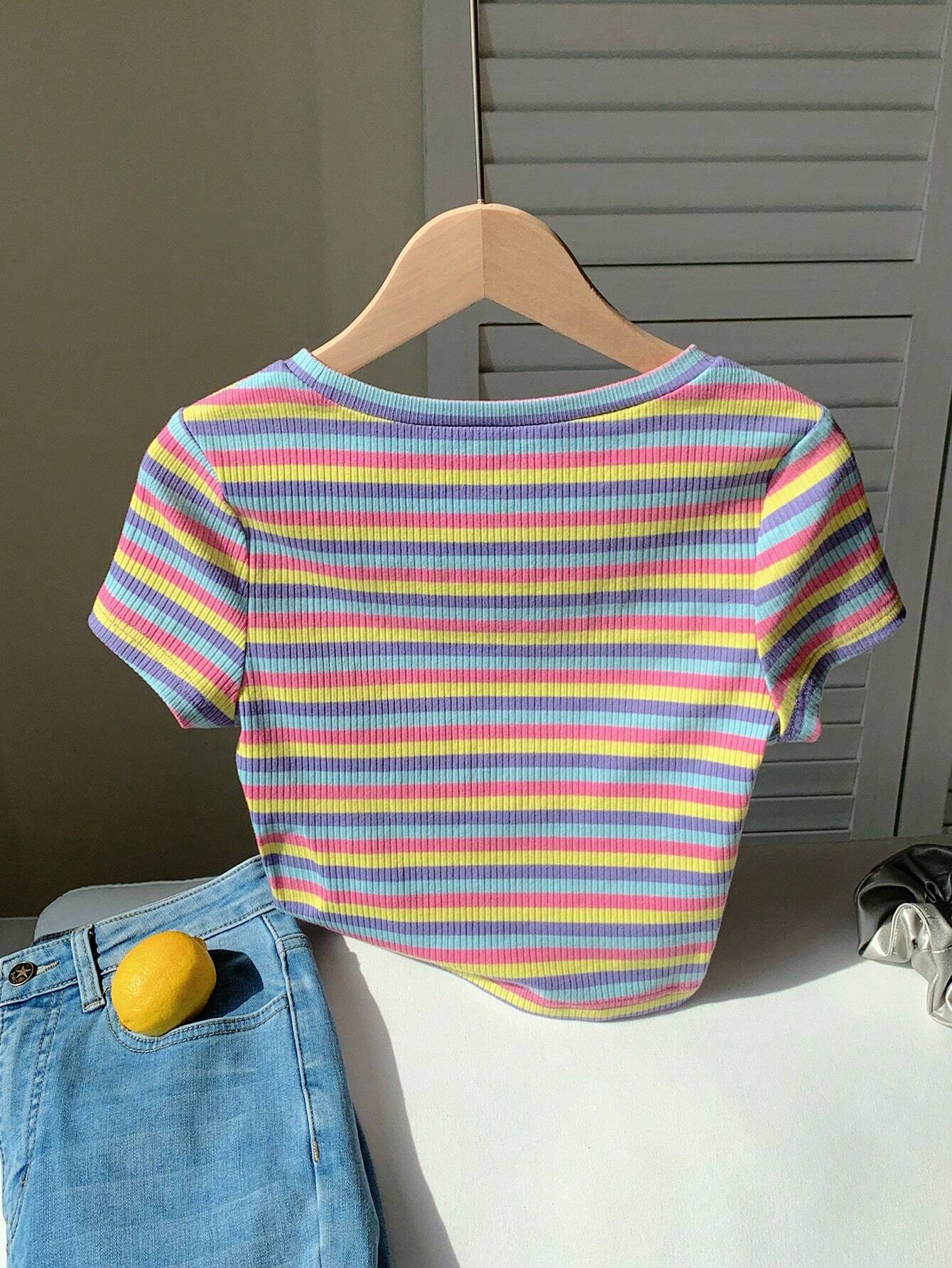 EZwear Colorful Striped Knitted Slim Fit Women's T-Shirt