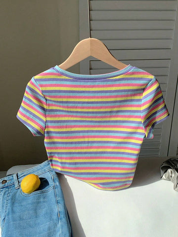 EZwear Colorful Striped Knitted Slim Fit Women's T-Shirt