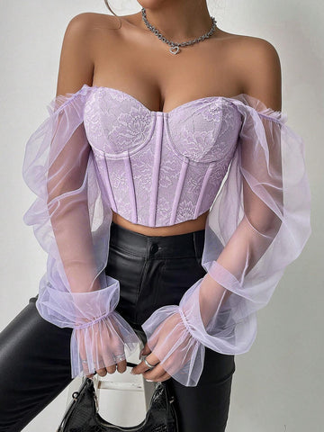 Allurite Women Fashionable Mesh & Lace Splice Off Shoulder Structured Top