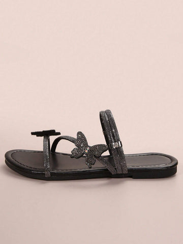 Rhinestone Bow & Multiple Straps Two Way Wear Women's Slippers