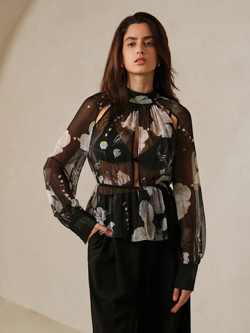 Anewsta Vintage Printed Hollow Out Top