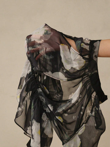 Anewsta Vintage Printed Hollow Out Top