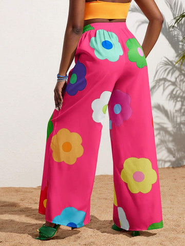 Slayr Summer Casual Vacation Colorful Flower All-Over Printed Wide-Leg Pants