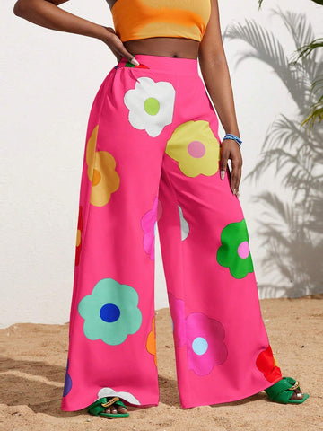 Slayr Summer Casual Vacation Colorful Flower All-Over Printed Wide-Leg Pants