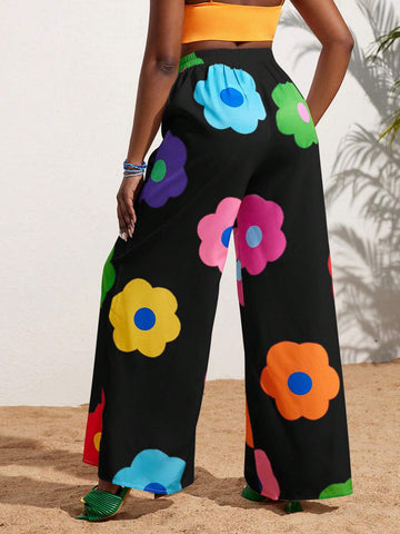 Slayr Summer Casual Vacation Colorful Flower All-Over Printed Wide-Leg Pants