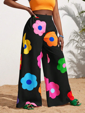 Slayr Summer Casual Vacation Colorful Flower All-Over Printed Wide-Leg Pants