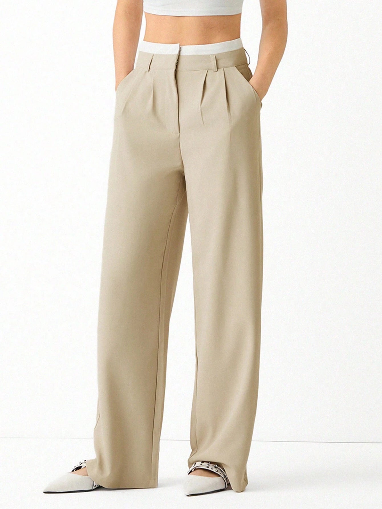 EZwear Spring Dress PantsHigh Waist Plicated Detail Wide Leg Suit Pants