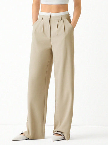 EZwear Spring Dress PantsHigh Waist Plicated Detail Wide Leg Suit Pants