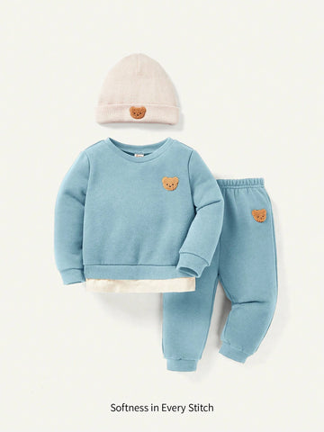 Cozy Pixies Baby Boys' Adorable Bear Pattern Sweatshirt, Pants And Hat Set