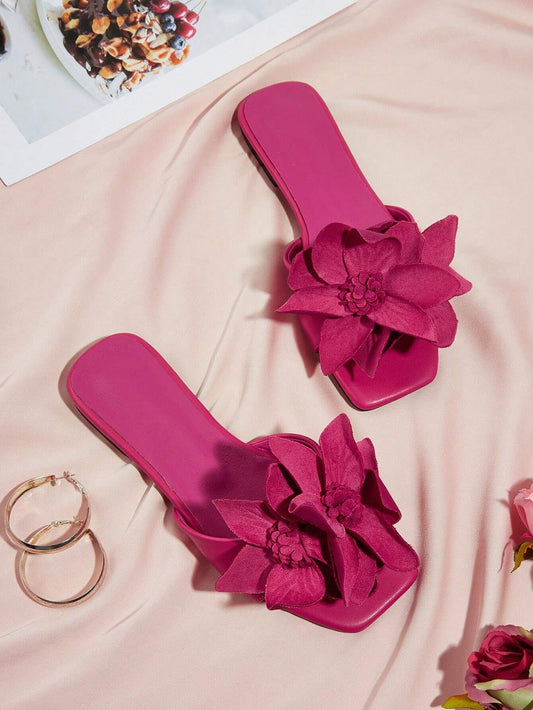 Elegant Floral Rose Pink Square Toe Flat Sandals