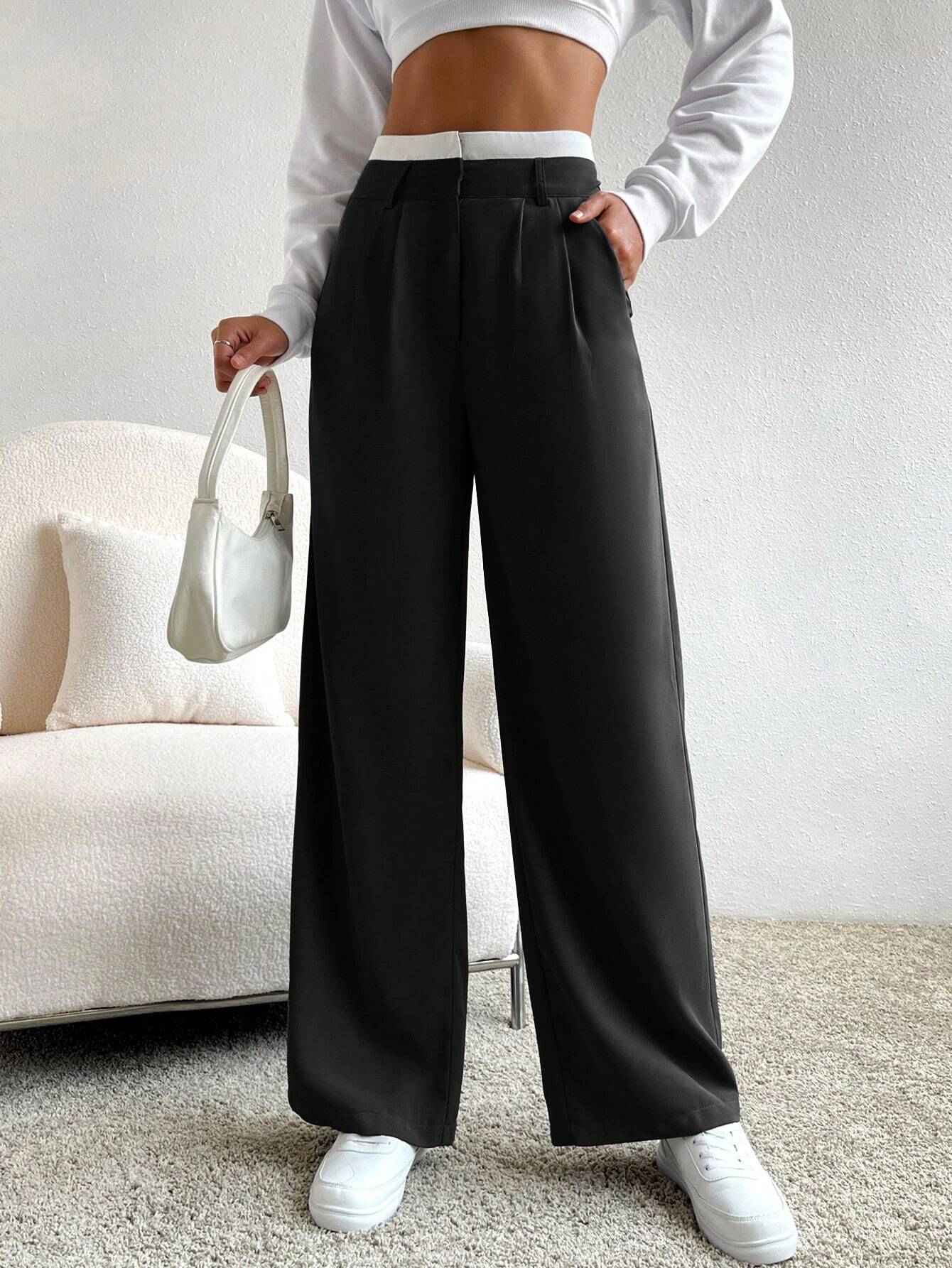 EZwear Spring Dress PantsHigh Waist Plicated Detail Wide Leg Suit Pants