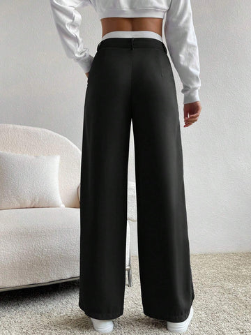 EZwear Spring Dress PantsHigh Waist Plicated Detail Wide Leg Suit Pants