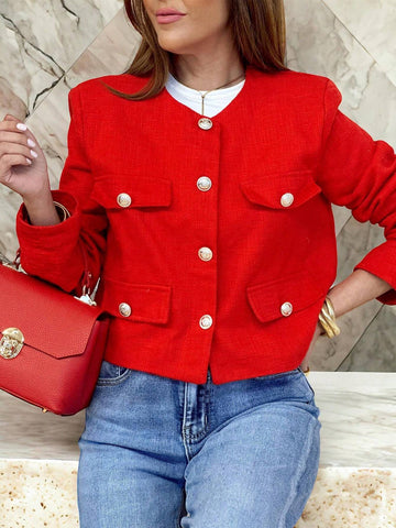 Women's Elegant Casual Tweed Jacket Round Neckline Decorated Long Sleeves Solid Colour Coat