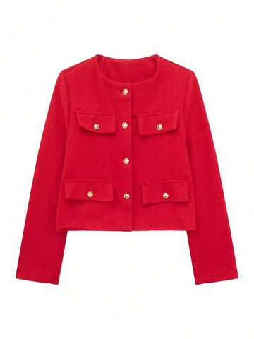 Women's Elegant Casual Tweed Jacket Round Neckline Decorated Long Sleeves Solid Colour Coat