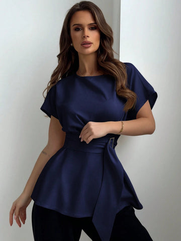 Aloruh Round Neck Waist-Tied X-Shaped Simple Commuter Women Shirt