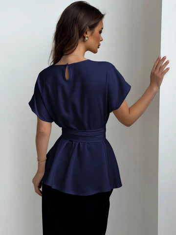 Aloruh Round Neck Waist-Tied X-Shaped Simple Commuter Women Shirt