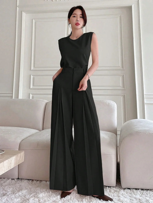 DAZY 2pcs Solid Color Round Neck Slit Sleeveless Top & Wide Leg Pants Set