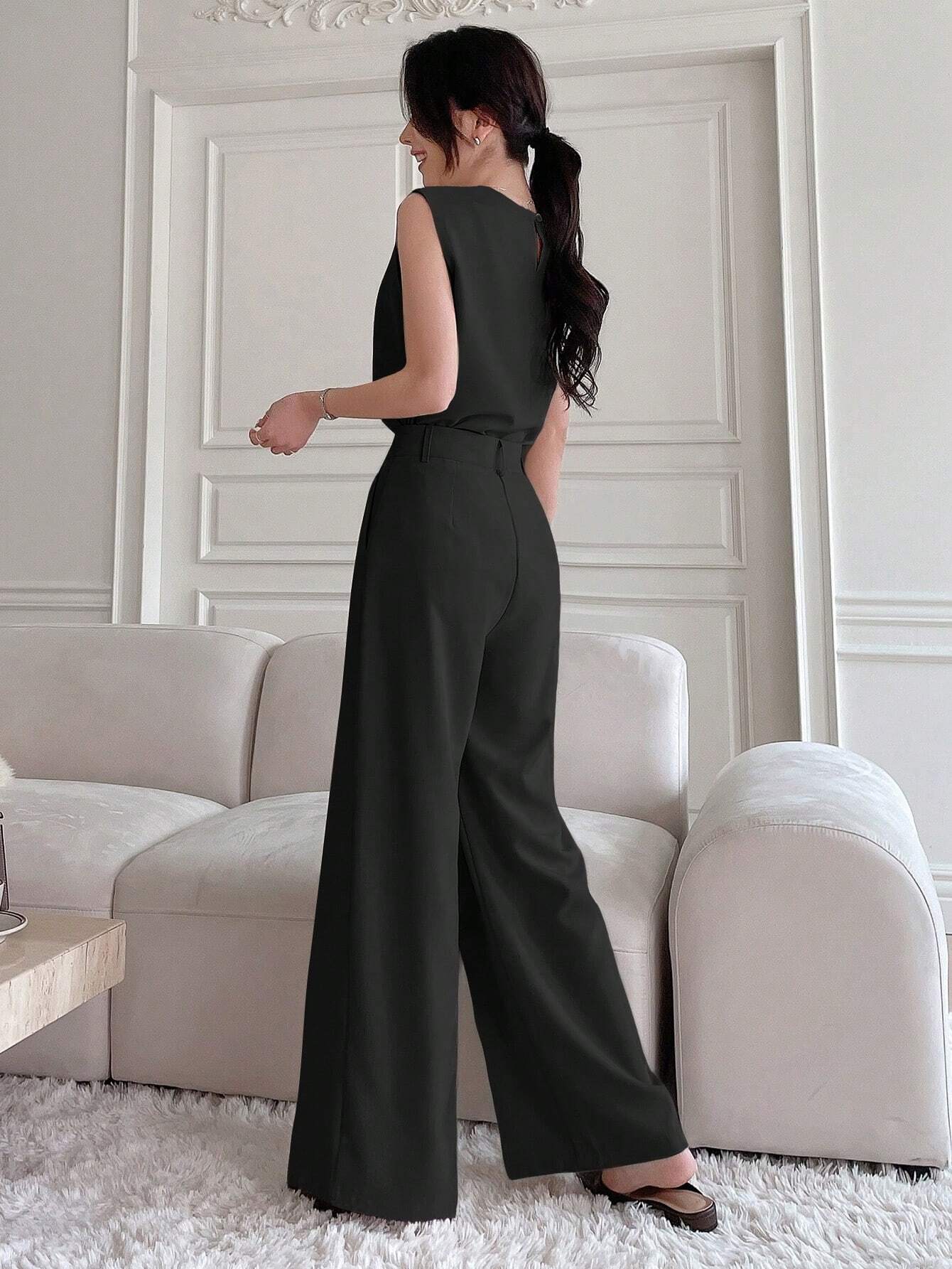 DAZY 2pcs Solid Color Round Neck Slit Sleeveless Top & Wide Leg Pants Set
