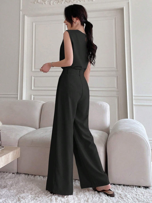 DAZY 2pcs Solid Color Round Neck Slit Sleeveless Top & Wide Leg Pants Set