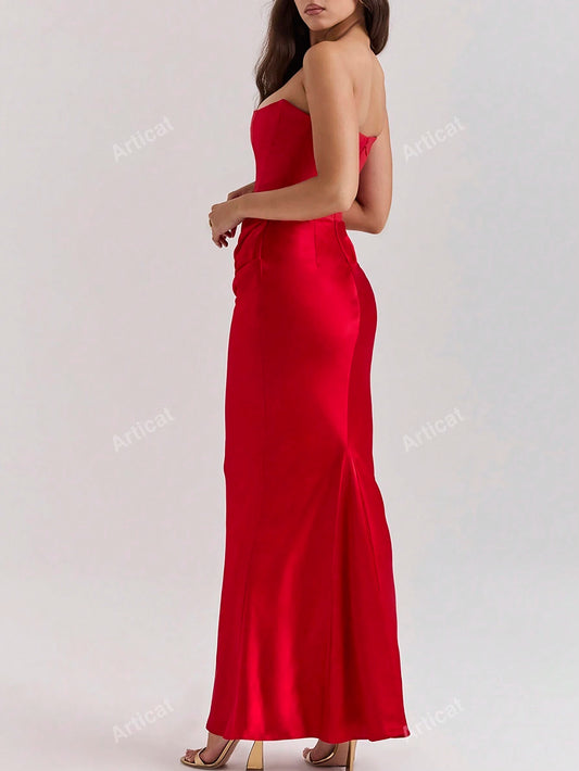 Solid Color Pleated Strapless Formal Dress For Women