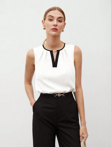 Women's Color Block Detail Pleated Hem Tank Top