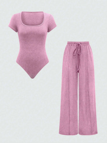 EZwear Plain Color Asymmetric Hem Top And Pants Two Piece Set