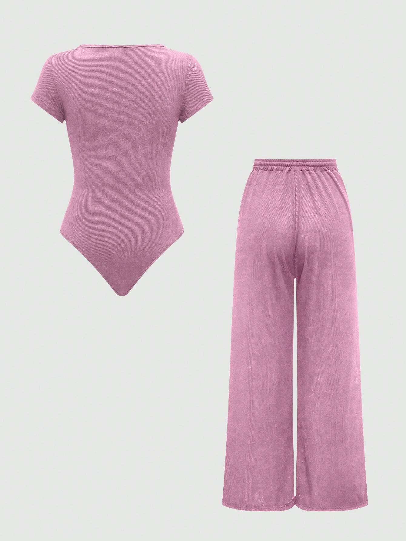 EZwear Plain Color Asymmetric Hem Top And Pants Two Piece Set