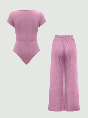 EZwear Plain Color Asymmetric Hem Top And Pants Two Piece Set